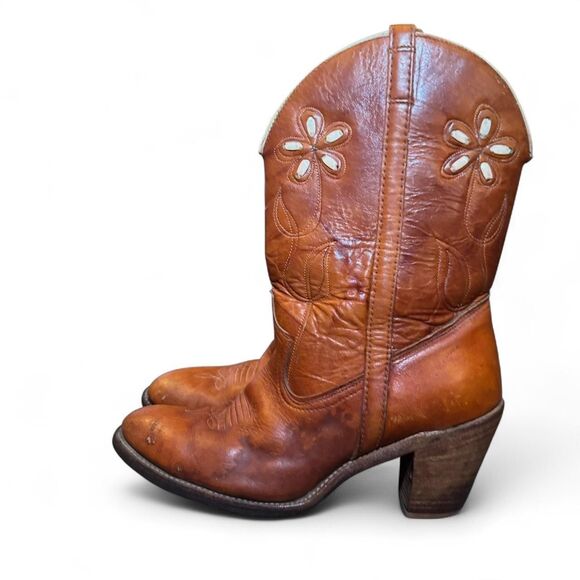 Dingo Women’s Brown Leather Western Cowboy Boots Size 10M Flower Cutout U.S.A. - Picture 2 of 7